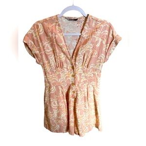 ZARA Women's Floral Romper Pink Eyelet Button Up V-Neck Pockets Size Small